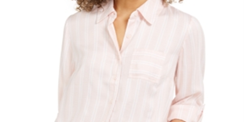 Style & Co Women's One Pocket Striped Shirt Pink Size Small