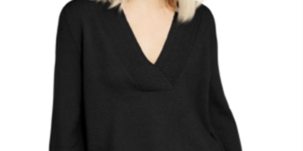 IINC International Concepts Women's Tunic Ribbed Trim Pullover Sweater Black Size Small