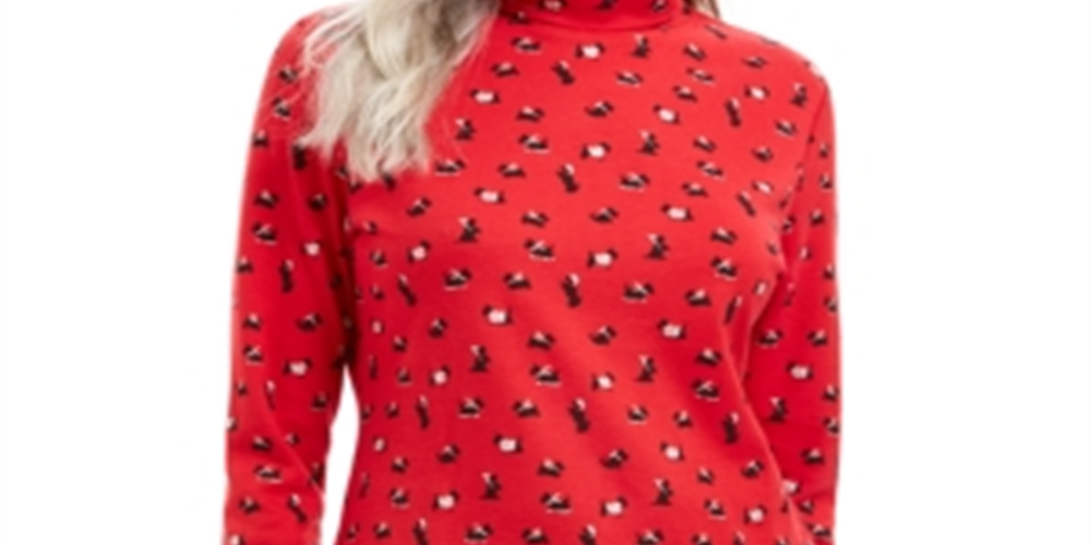 Karen Scott Women's Long Sleeve Turtleneck Printed Top Red Size Medium