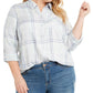 Style & Co Women's Plaid Button Down Blouse White Size 4X