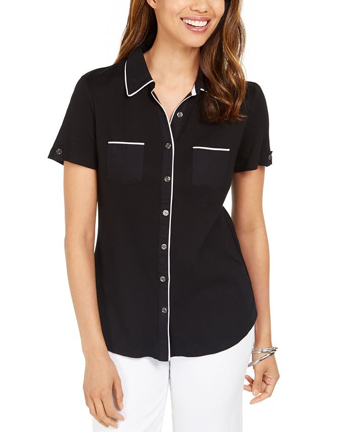 Karen Scott Women's Cotton Piping Button Top Black Size X-Small