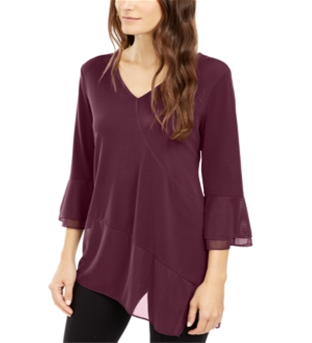 Alfani Women's Asymmetrical Bell Sleeve Top Wine Size Large