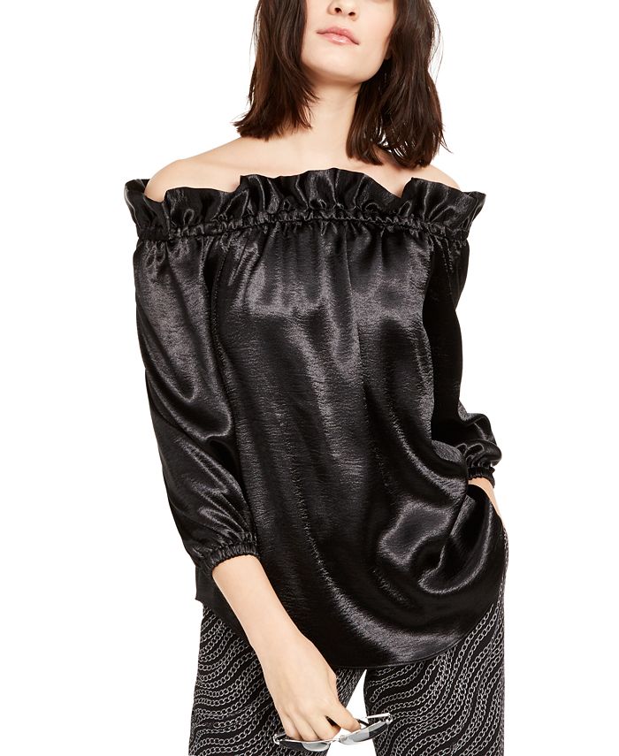 Michael Kors Women's Satin Ruffled Off the Shoulder Top Black Size Medium