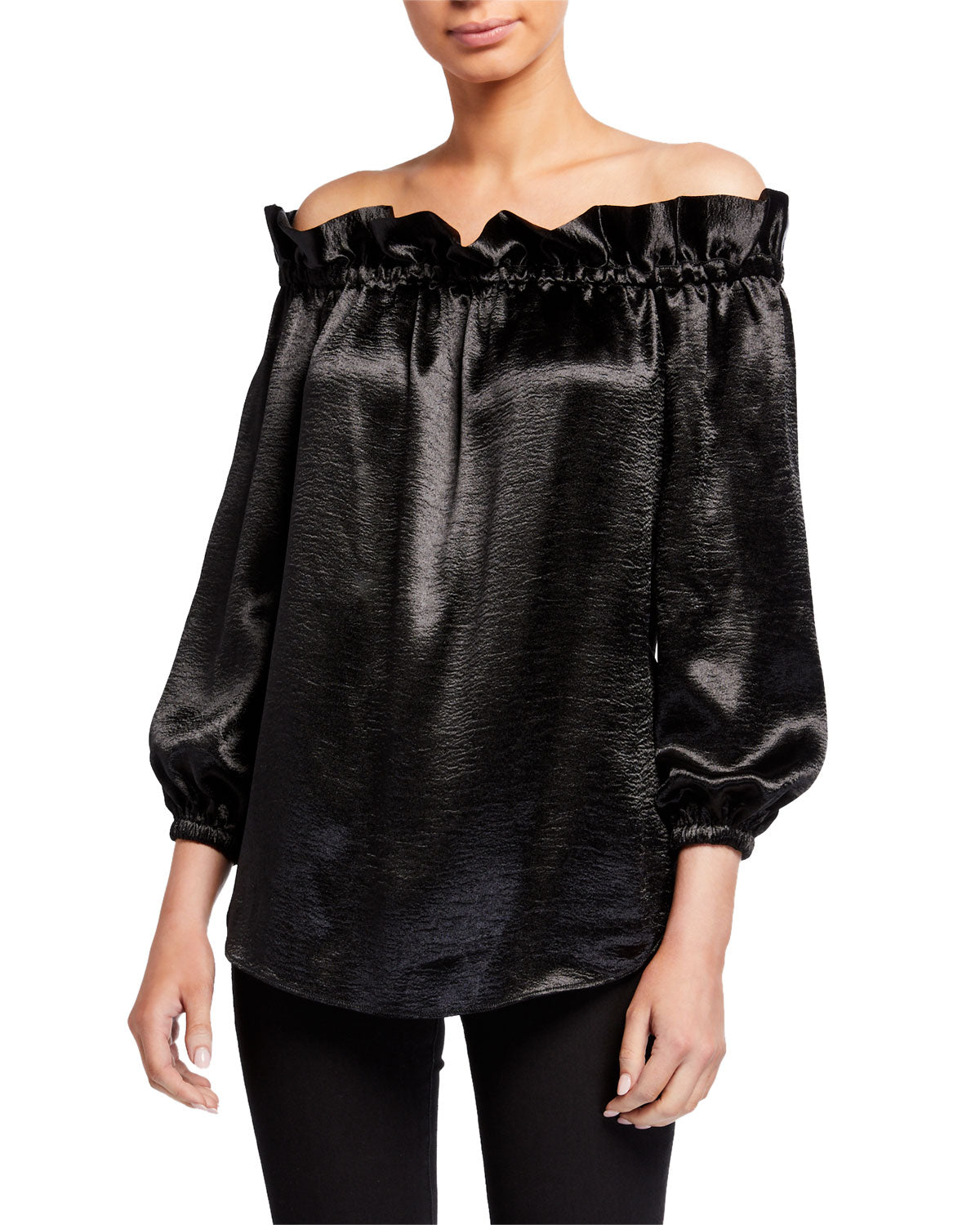 Michael Kors Women's Satin Ruffled Off the Shoulder Top Black Size Medium