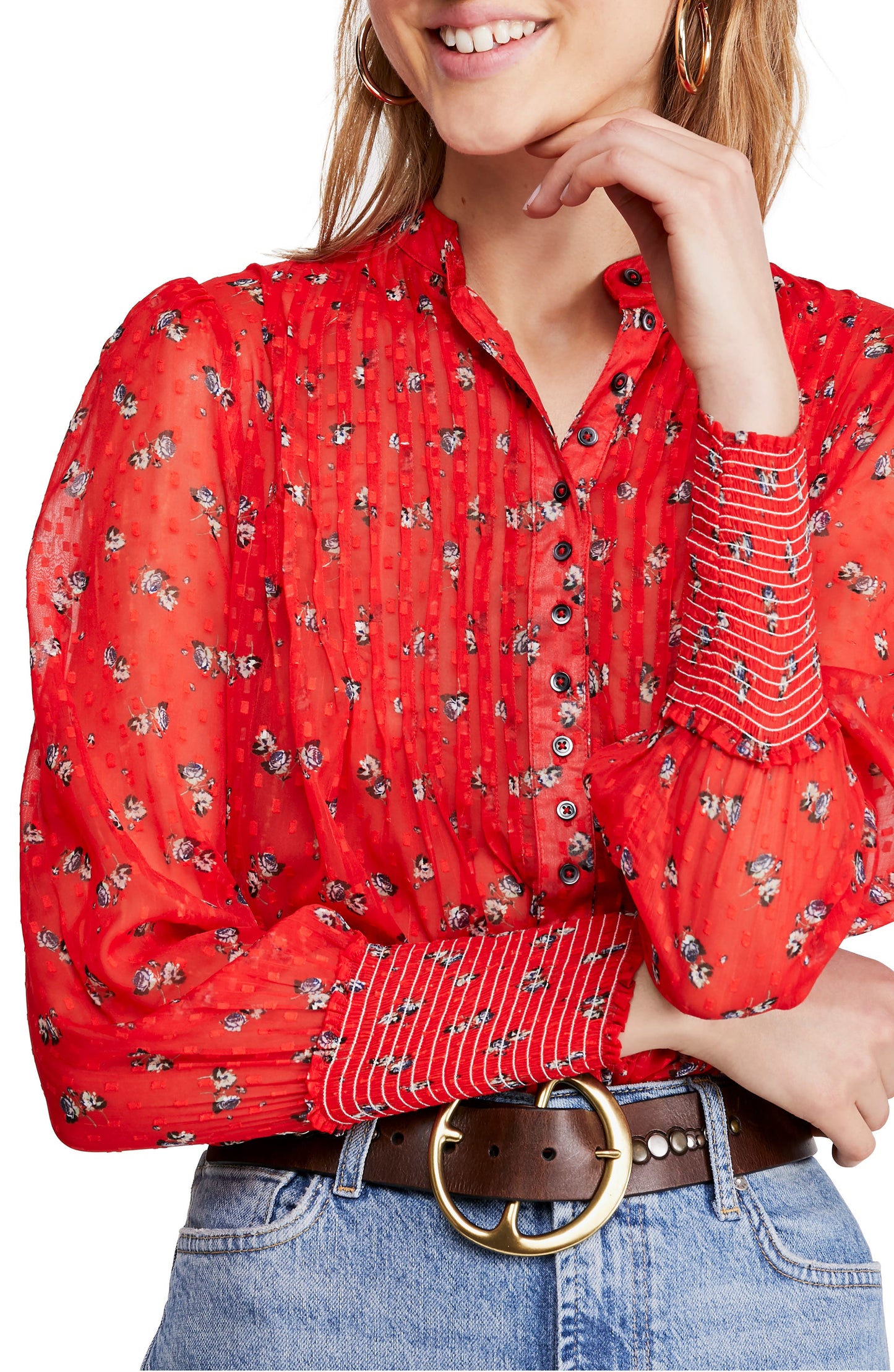 Free People Women's Flowers In December Print Sheer Blouse Red Size Medium