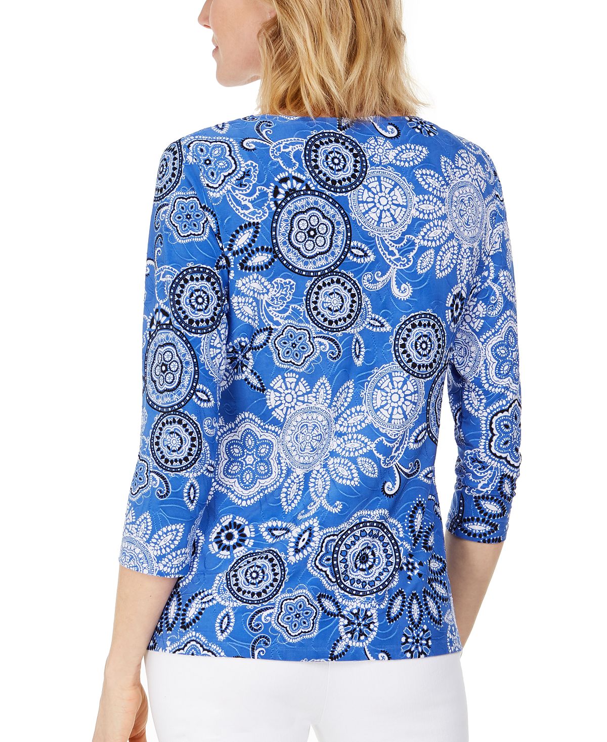 JM Collection Women's Printed Jacquard Top Blue Size Small