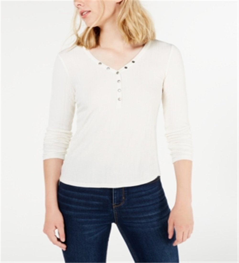 Hippie Rose Women's Ribbed Hi Low Henley Top White Size Medium