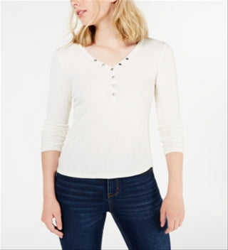 Hippie Rose Women's Ribbed Hi Low Henley Top White Size Medium