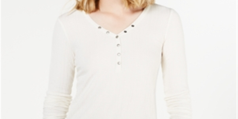 Hippie Rose Women's Ribbed Hi Low Henley Top White Size Medium