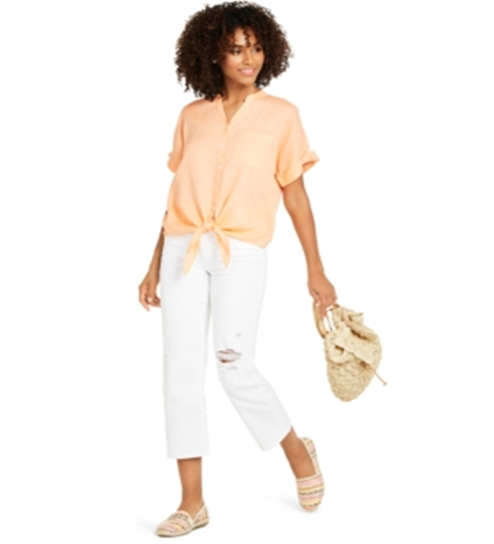 Charter Club Women's Linen Tie Front Button up Shirt Coral Size Large