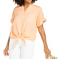 Charter Club Women's Linen Tie Front Button up Shirt Coral Size Large
