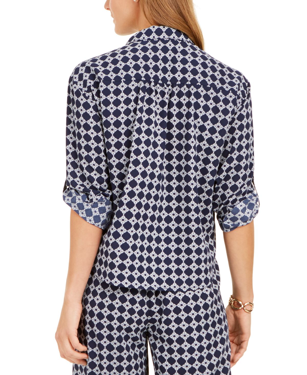 Charter Club Women's Printed Tie Front Woven Top Blue Size Small