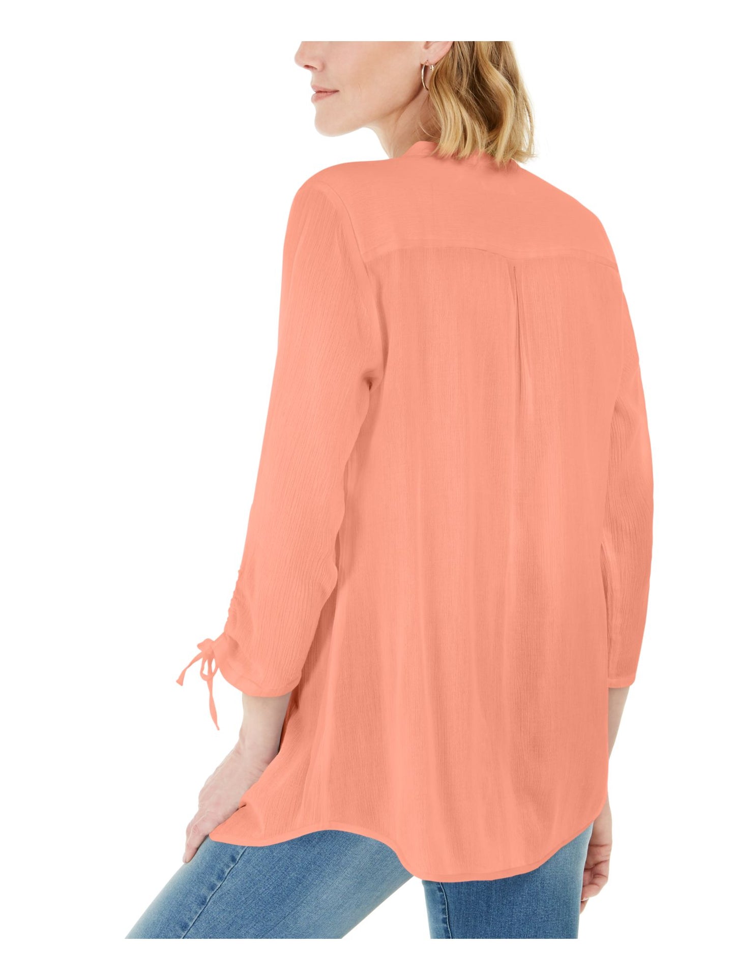 Charter Club Women's Coral Ties at Cuffs 3/4 Sleeve V Neck Blouse Coral Size XX-Large