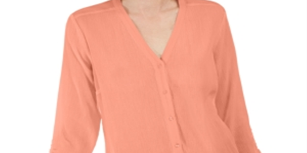 Charter Club Women's Coral Ties at Cuffs 3/4 Sleeve V Neck Blouse Coral Size XX-Large