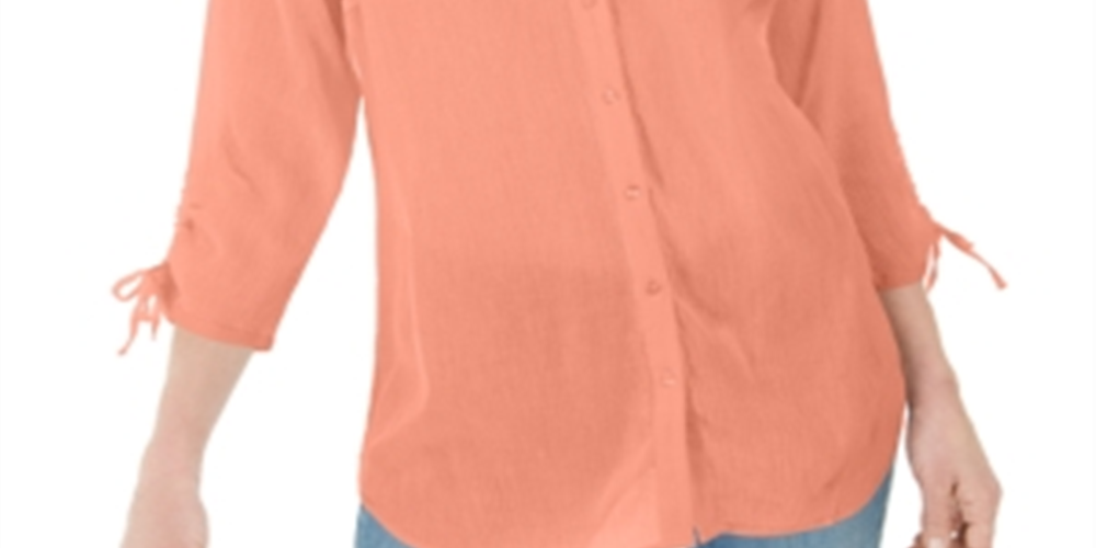 Charter Club Women's Coral Ties at Cuffs 3/4 Sleeve V Neck Blouse Coral Size XX-Large