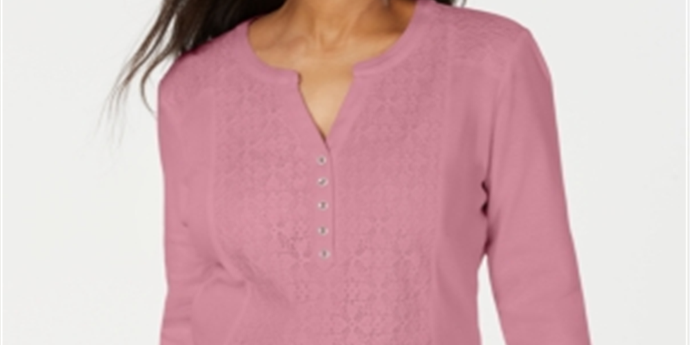 Karen Scott Women's Eyelet Front Cotton Henley Top Pink Size Petite