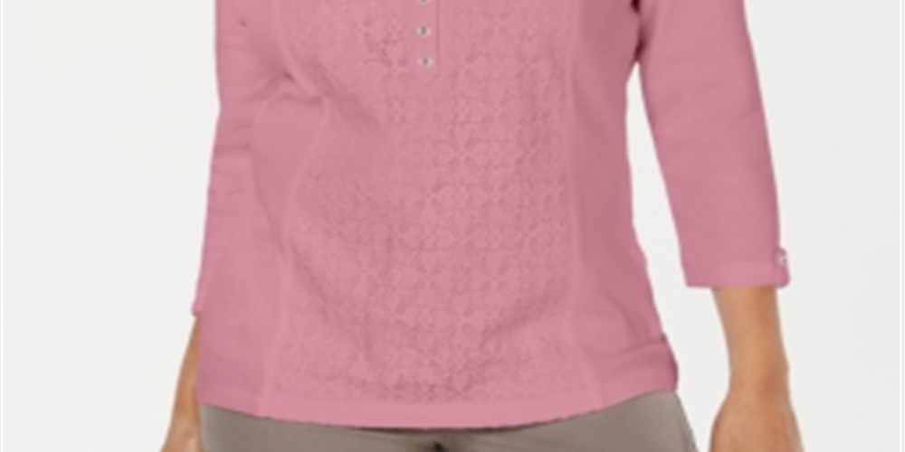 Karen Scott Women's Eyelet Front Cotton Henley Top Pink Size Petite