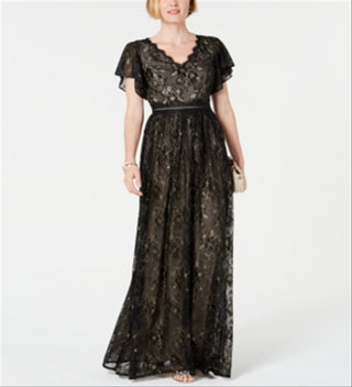 Adrianna Papell Women's Metallic Lace Long Dress Black Size 10