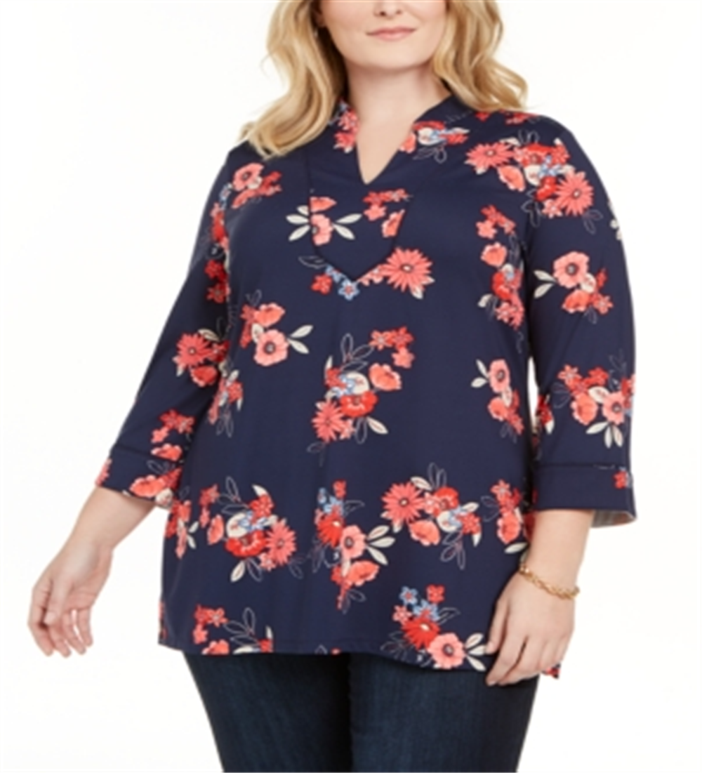 Charter Club Women's Plus Floral Print 3/4 Sleeve Tunic Blue Size 2X