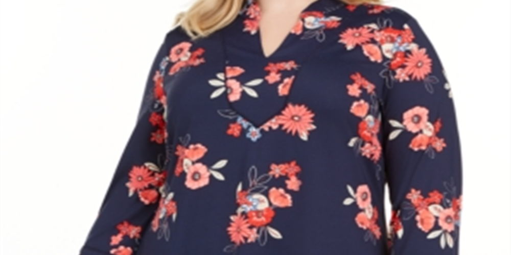 Charter Club Women's Plus Floral Print 3/4 Sleeve Tunic Blue Size 2X