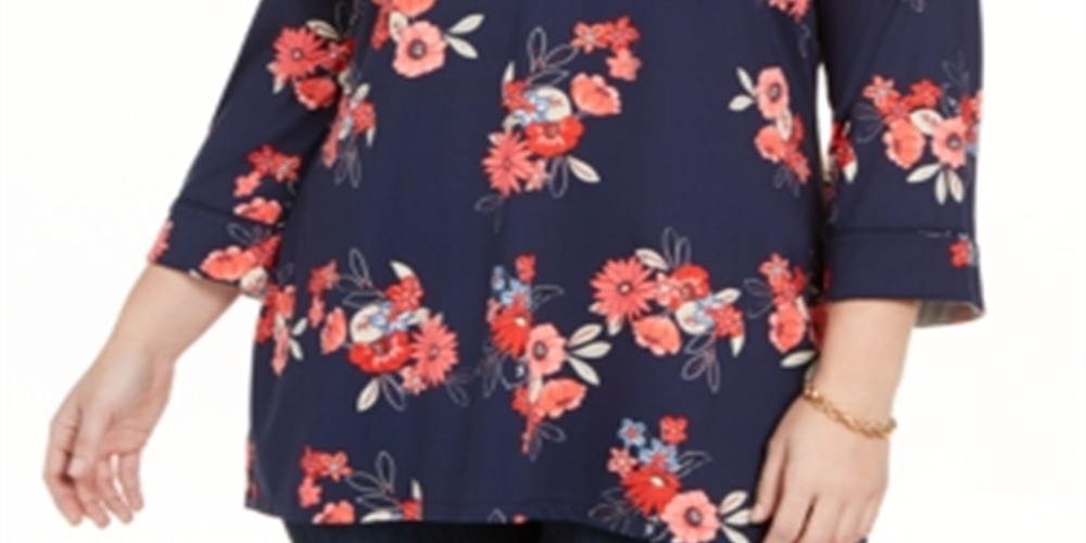 Charter Club Women's Plus Floral Print 3/4 Sleeve Tunic Blue Size 2X