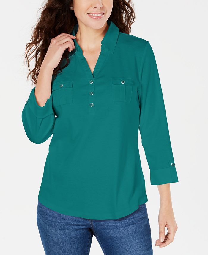 Karen Scott Women's Cotton Johnny Collar Utility Shirt Green Size X-Small