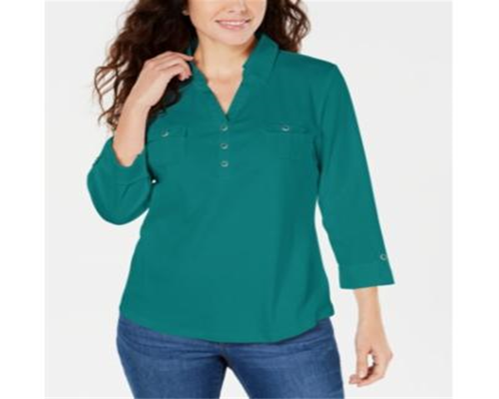 Karen Scott Women's Cotton Johnny Collar Utility Shirt Green Size X-Small