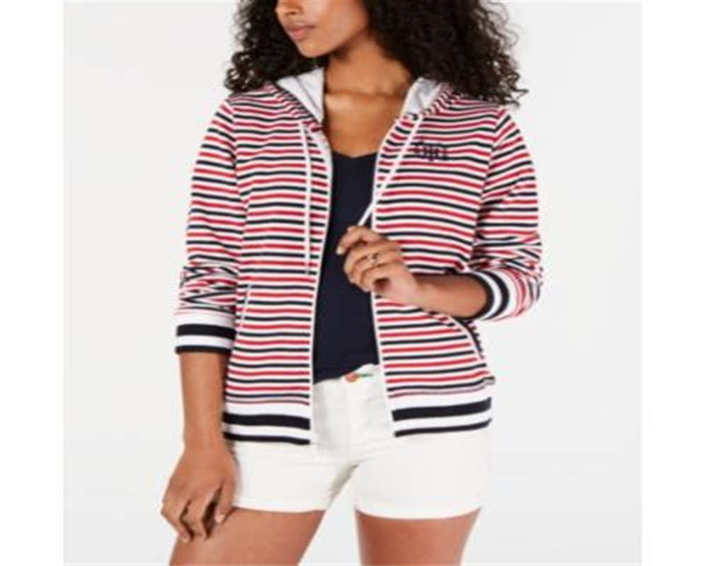 Tommy Hilfiger Women's Striped Hoodie Jacket White Size Medium