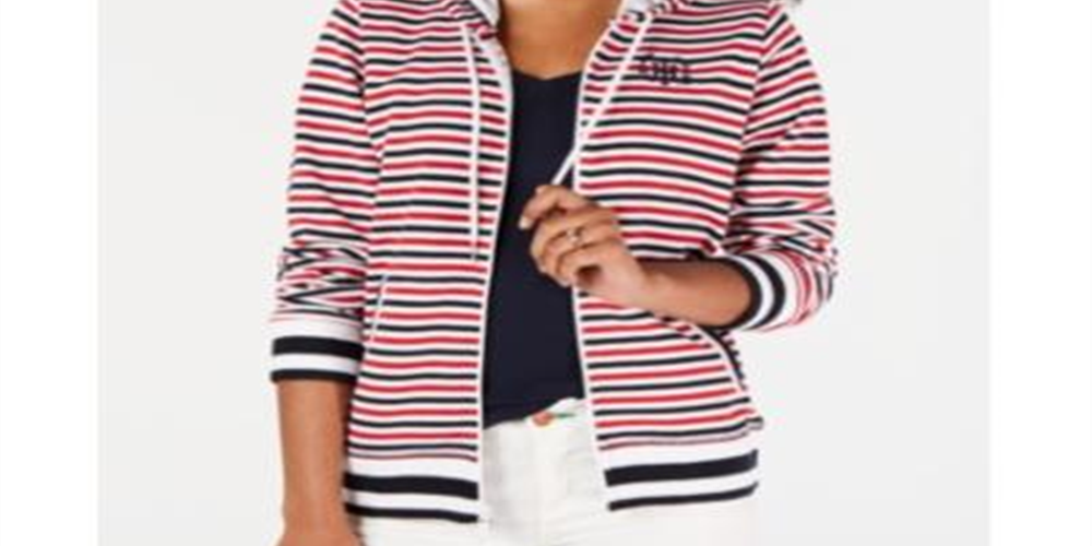 Tommy Hilfiger Women's Striped Hoodie Jacket White Size Medium