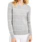 Michael Kors Women's Embellished Ribbed Striped Long Sleeve Jewel Neck Sweater Gray Size Petite Small