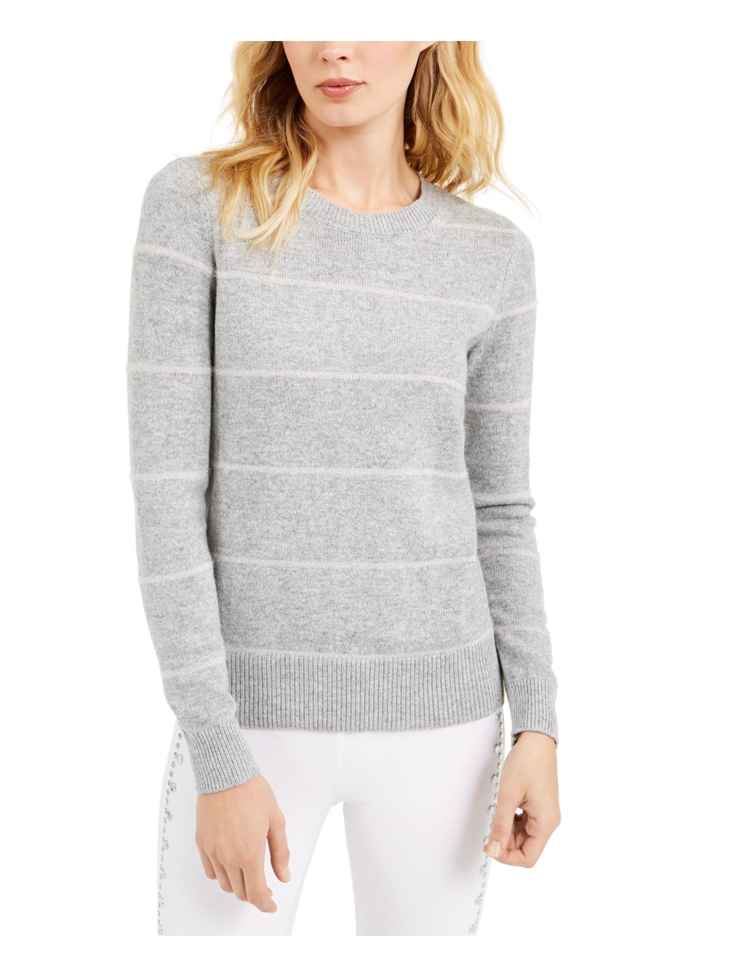 Michael Kors Women's Embellished Ribbed Striped Long Sleeve Jewel Neck Sweater Gray Size Petite Small