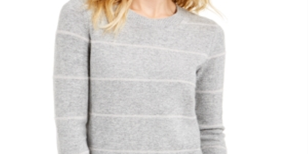 Michael Kors Women's Embellished Ribbed Striped Long Sleeve Jewel Neck Sweater Gray Size Petite Small