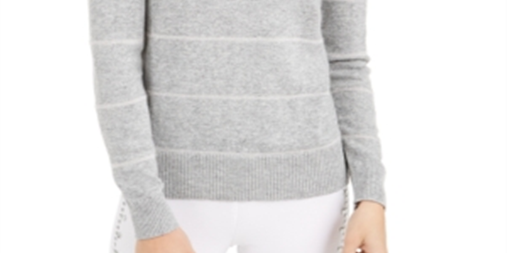 Michael Kors Women's Embellished Ribbed Striped Long Sleeve Jewel Neck Sweater Gray Size Petite Small