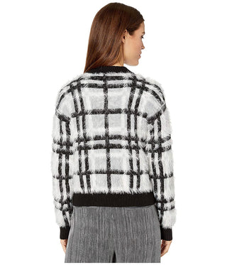 1.STATE Women's Plaid Eyelash Zip up Cardigan Sweater Gray Size Medium