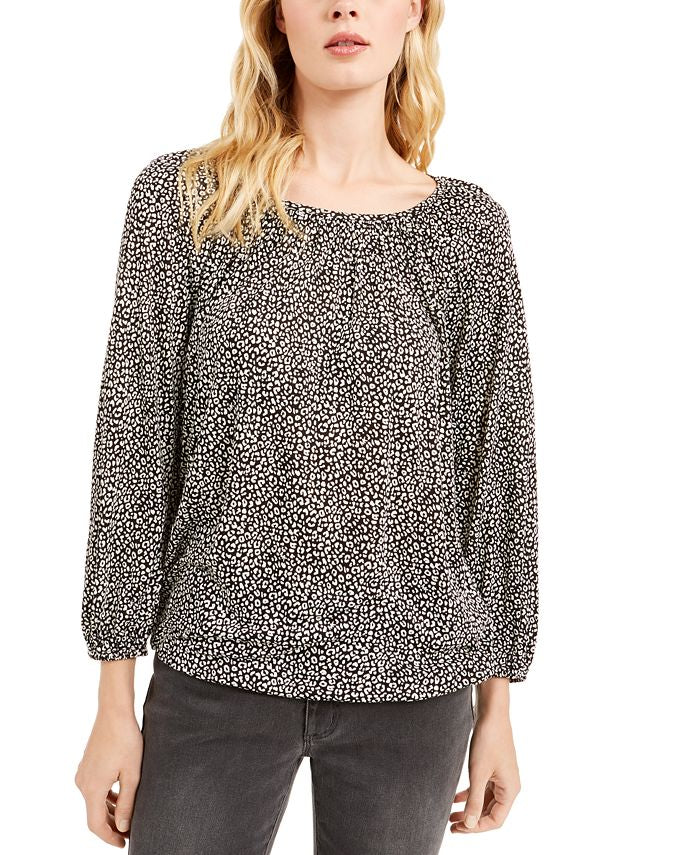 Michael Kors Women's Flat Cat Printed Peasant Top Black Size Petite Medium