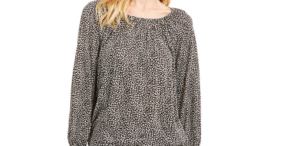 Michael Kors Women's Flat Cat Printed Peasant Top Black Size Petite Medium