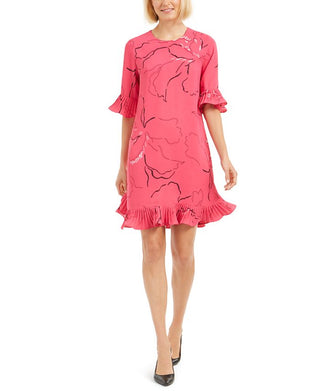 Alfani Women's Pleated Printed Above the Knee Shift Dress Pink Size 12