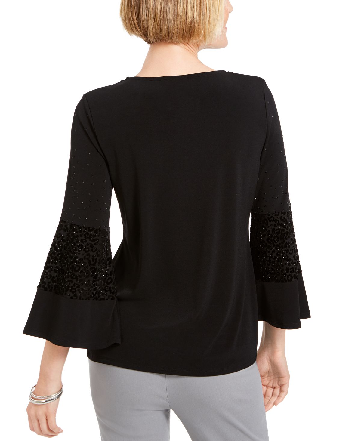 JM Collection Women's Embellished Bell Sleeve Top Black Size X-Large