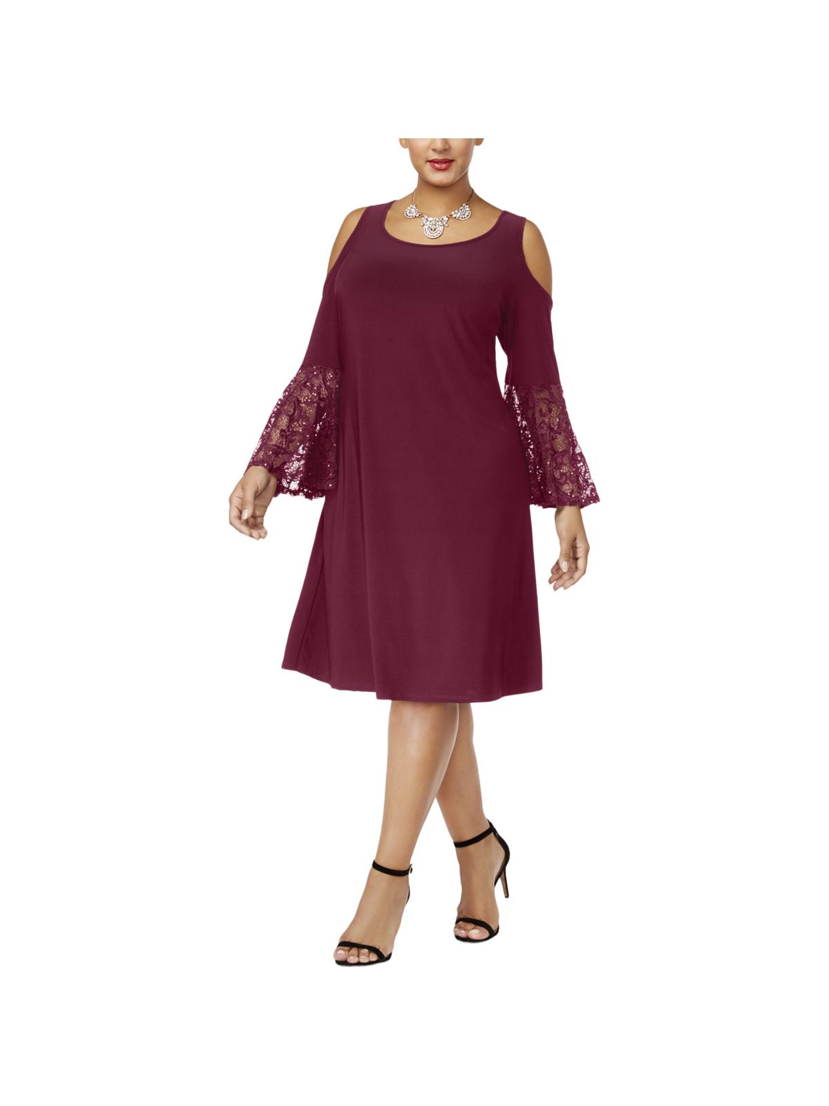 R & M Richards Women's Cold Shoulder Heather Bell Sleeve Scoop Neck Formal Shift Dress Red Size 22W