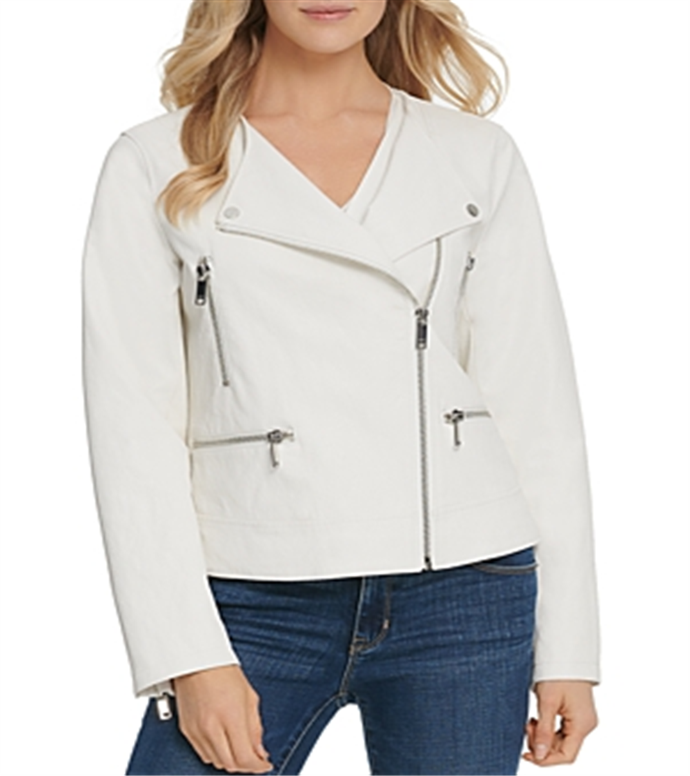 DKNY Women's Faux Leather Moto Jacket White Size X-Small
