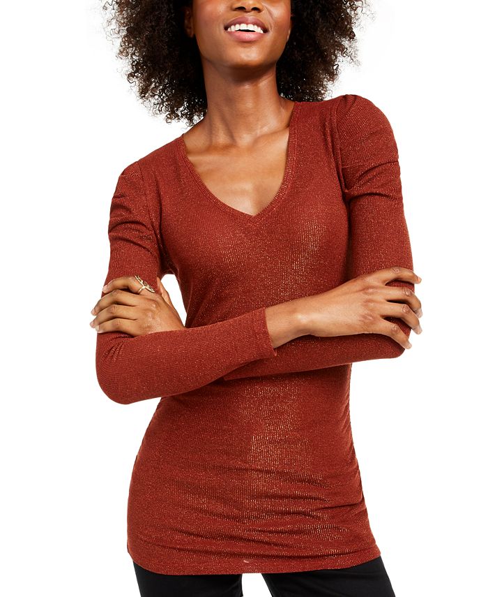 INC International Concepts Women's Ruched Shine V Neck Top Red Size X-Small