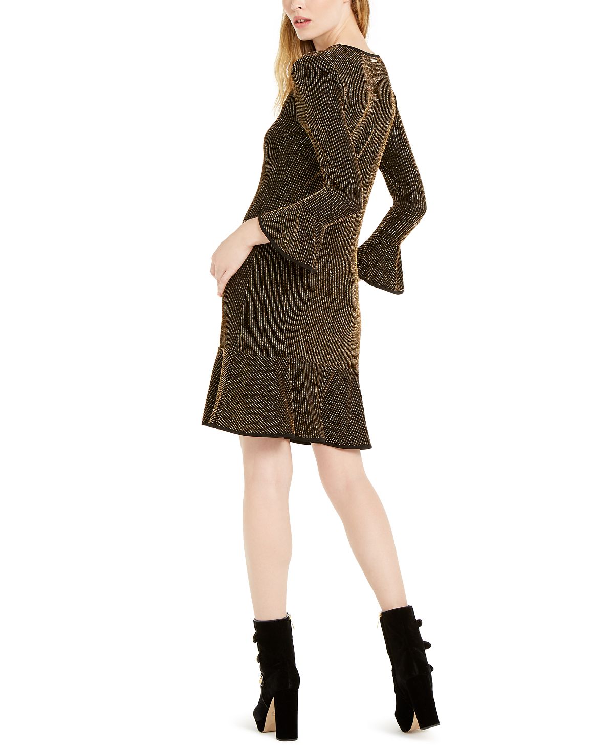 Michael Kors Women's Metallic  LUREX Stripe Flounce Hem Dress Black Size Large