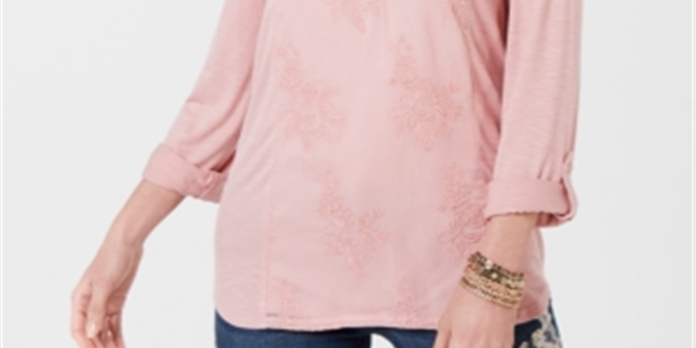 Style & Co Women's Embroidered Contrast Top -Pink Size Small