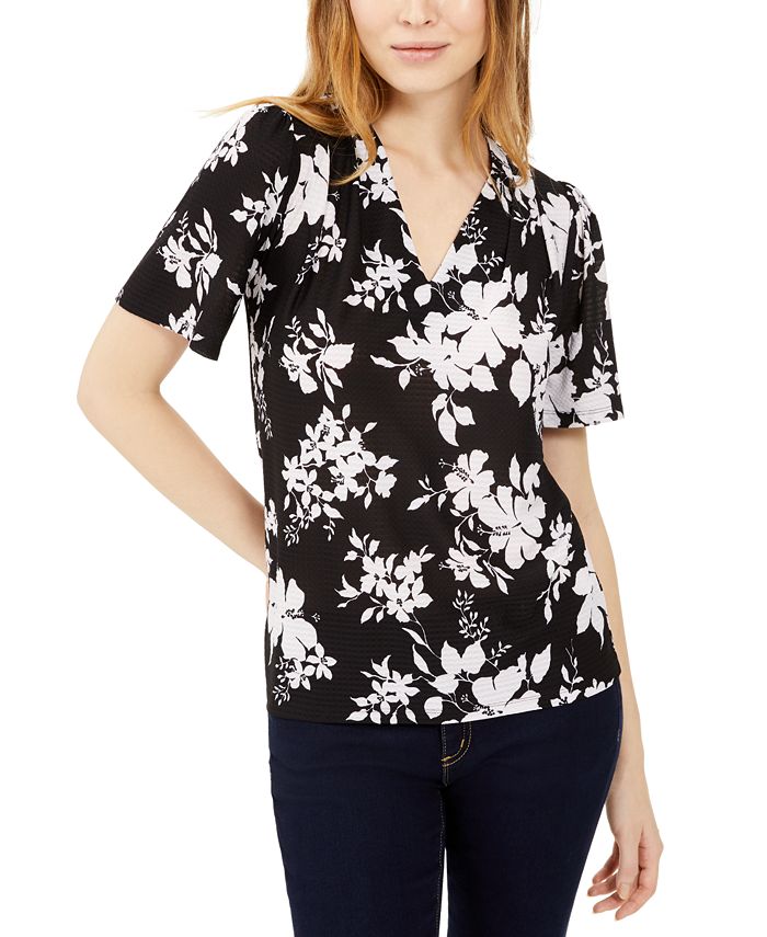 Michael Kors Women's Tropical Shadow Floral V Neck Blouse Black Size Medium