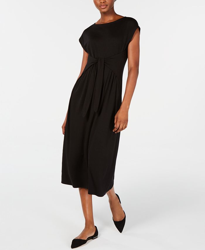 Eileen Fisher Women's Tie Waist MIDI Dress Black Size Petite Small