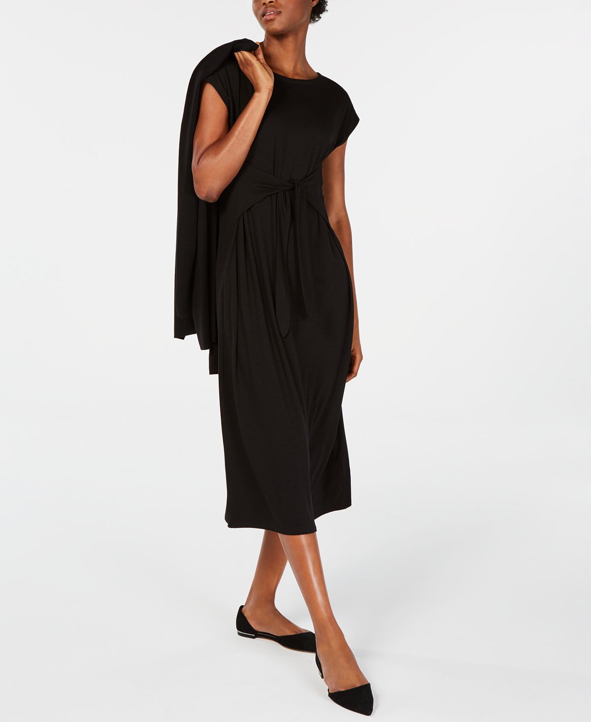 Eileen Fisher Women's Tie Waist MIDI Dress Black Size Petite Small
