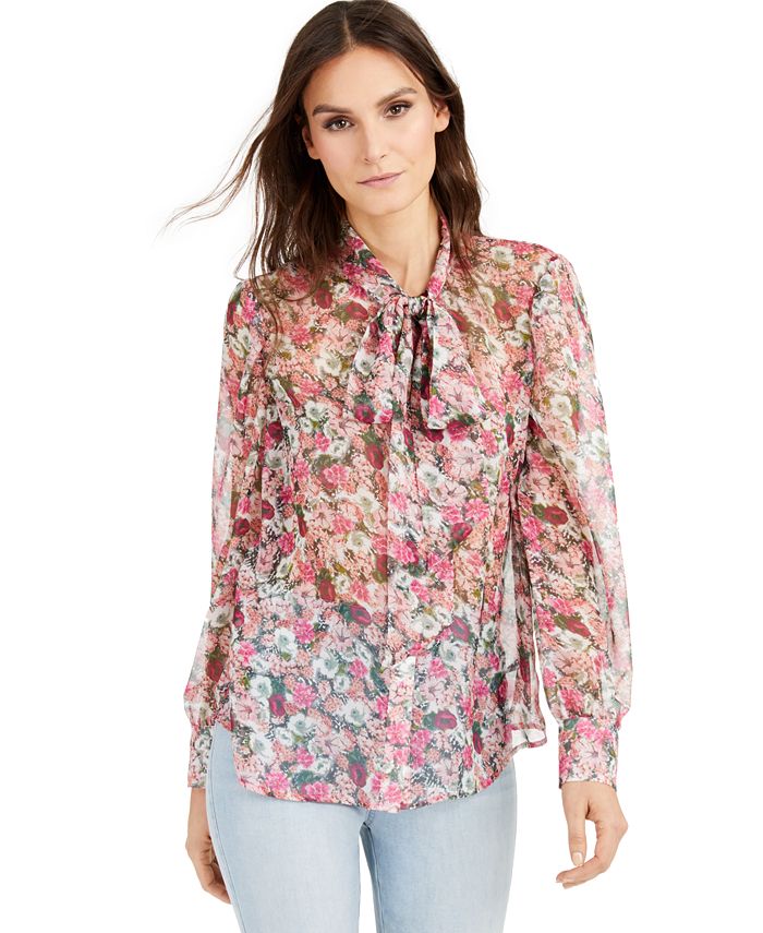 INC International Concepts Women's Sheer Floral Long Sleeve Blouse Pink Size X-Small