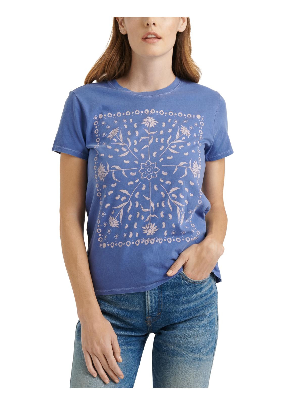 Lucky Brand Women's Short Sleeve Crew Neck Framed Bandana Tee Blue Size X-Small
