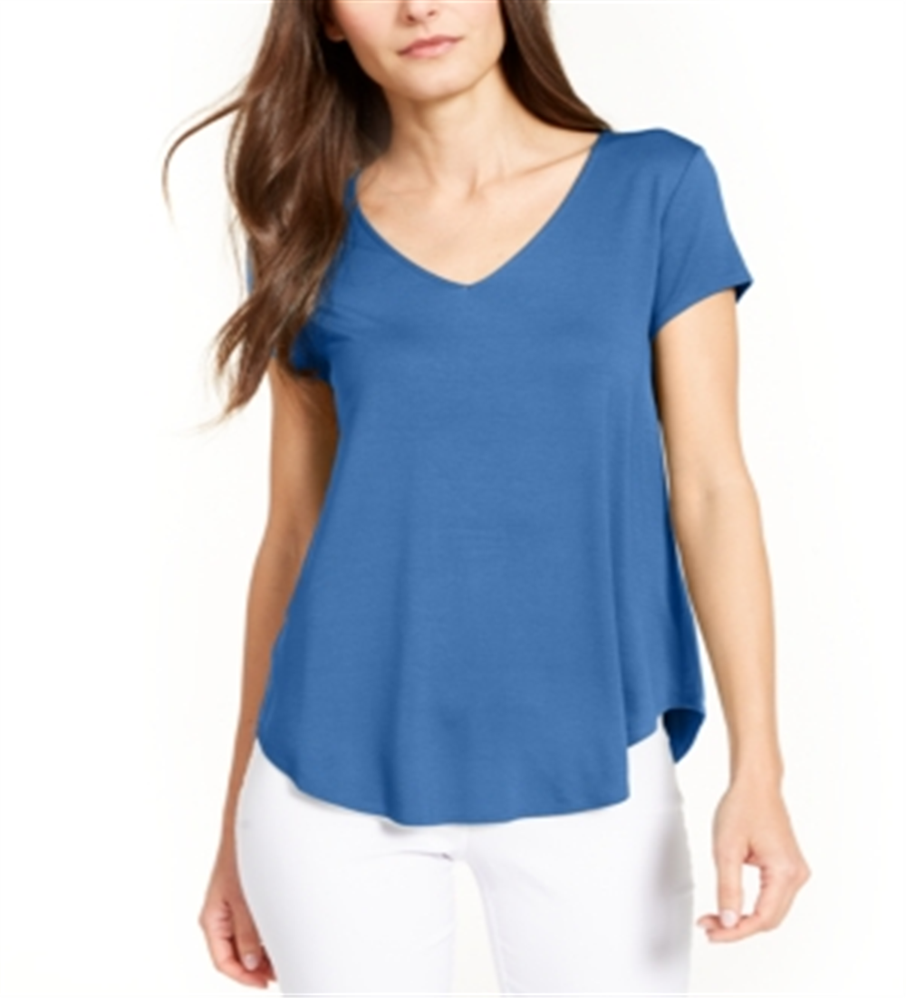 Alfani Women's Solid Short Sleeve V Neck Top Blue Size Small