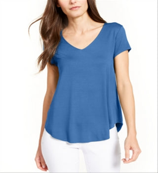 Alfani Women's Solid Short Sleeve V Neck Top Blue Size Small